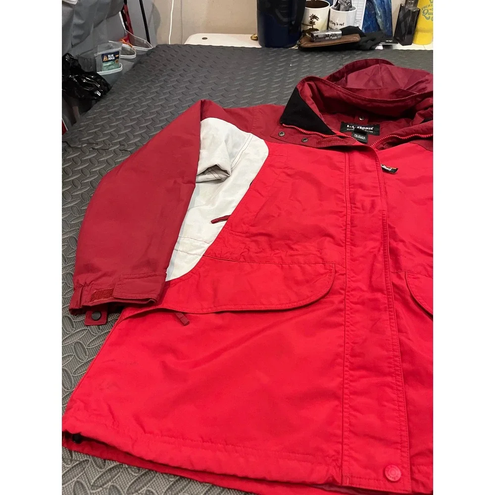LL Bean Parka Jacket Womens L Red Colorblock Hooded Nylon Outdoor 0WV87